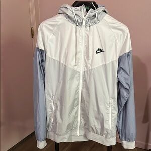 Gray and White Nike Men's Sportswear Windrunner Hooded Jacket